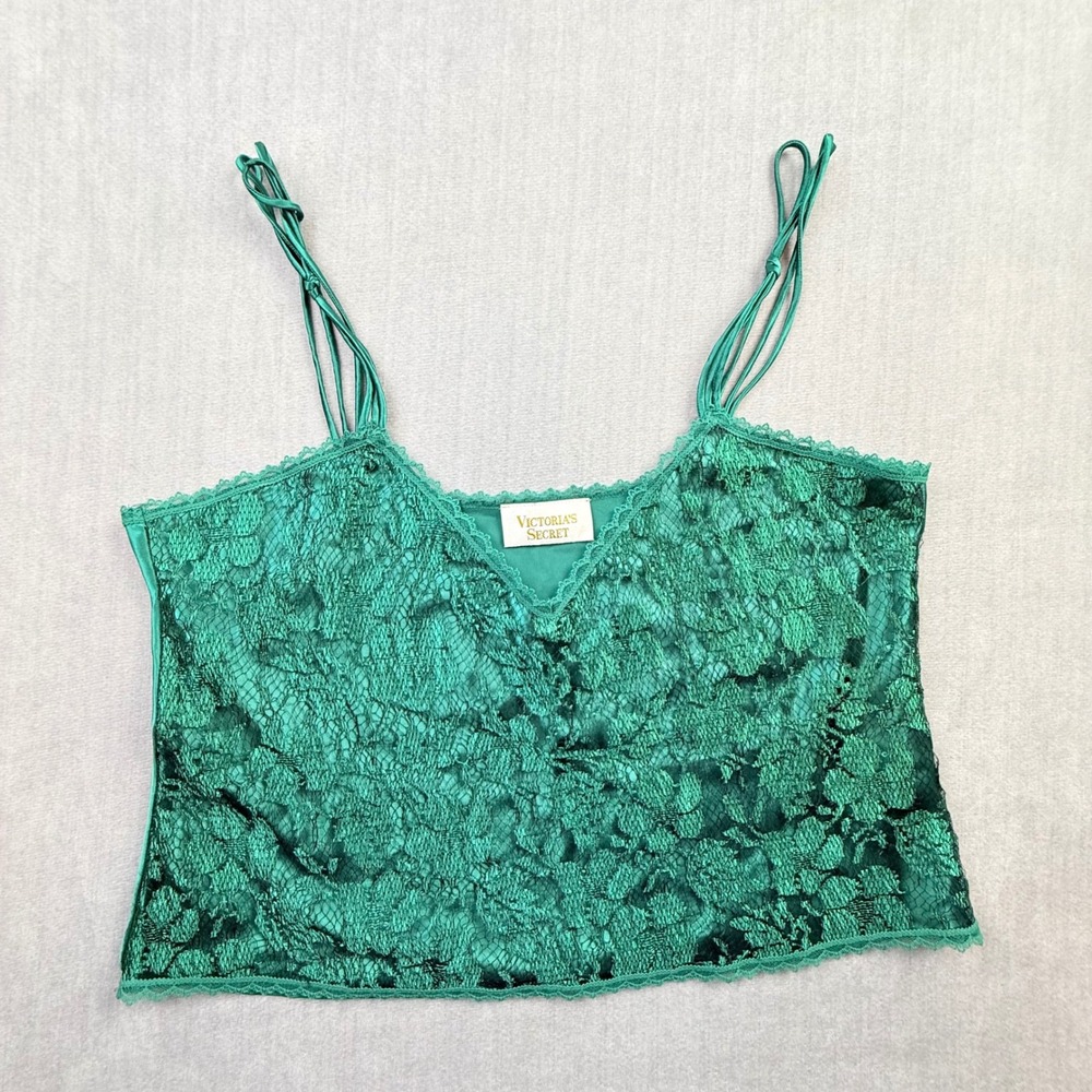 Vintage Victoria's Secret Gold Label Emerald Green Lace Satin Camisole Top Small